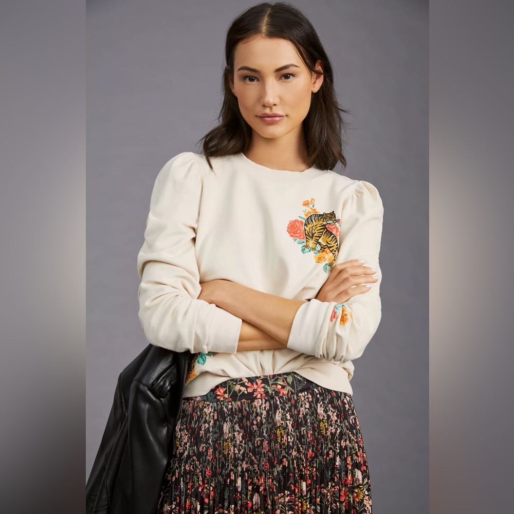 ANTHROPOLOGIE Back When Tiger Sweatshirt Puff Sleeve Graphic Size‎ XS